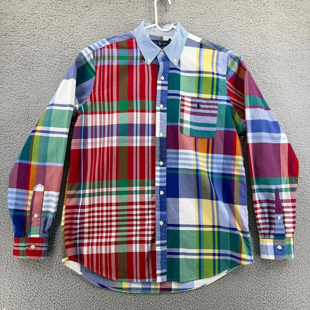 Polo Ralph Lauren Men L Classic Fit Patchwork Plaid Button Down Shirt Multicolor
